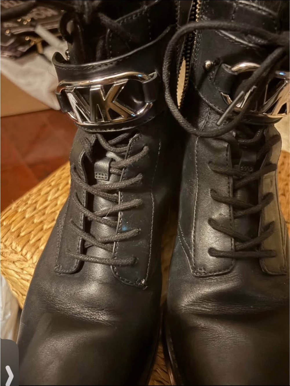 Michael Kors Black Leather Lace-Up Combat Ankle Boots with MK Emblem